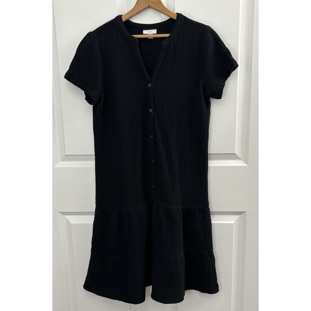 J Jill Small Tall Black Cotton Gauze Tiered Dress Short Sleeve Button Front 0515 - Picture 2 of 8